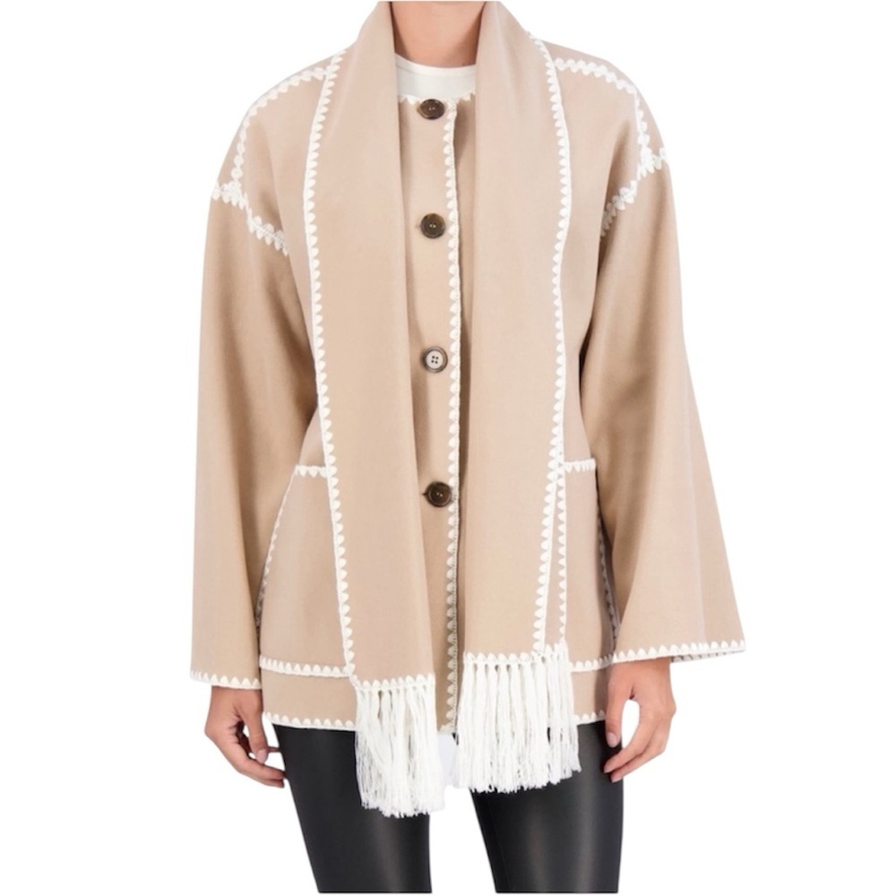 NWT‎ Ookie & Lala Vegan Cashmere Scarf Coat Whipstitch Trim Small S Neutral Fall